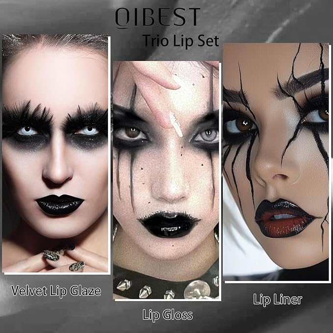QiBest 3-in-1 Black Lipstick Set for Halloween & Goth Makeup, Matte Liquid Lipstick + Lip Gloss + Gel Lip Liner Pencil Lip Kit for 24 Hours Long Lasting & Waterproof Gothic Lip Makeup (Black Magic)