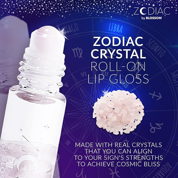 Blossom Zodiac Sign Vanilla Scented Moisturizng Roll On Lip Gloss with Crystals + pH Technology Color Charnging Shimmering Lip Balm, 2 Pack Bundle, Libra/Crystal