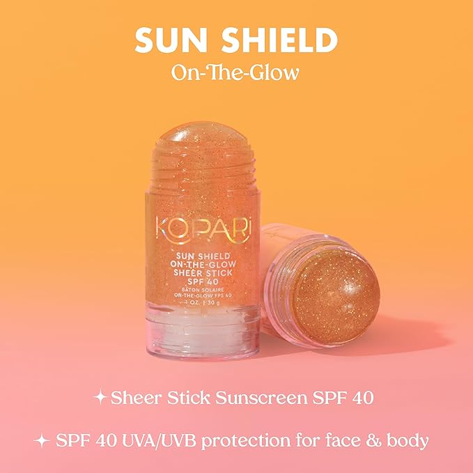 Kopari Sun Shield On-The-Glow Sheer Sunscreen Stick SPF 40, Sweat and Water Resistant Roll On Sunscreen For Face and Body with Vitamin E and Bisobolol, 1oz