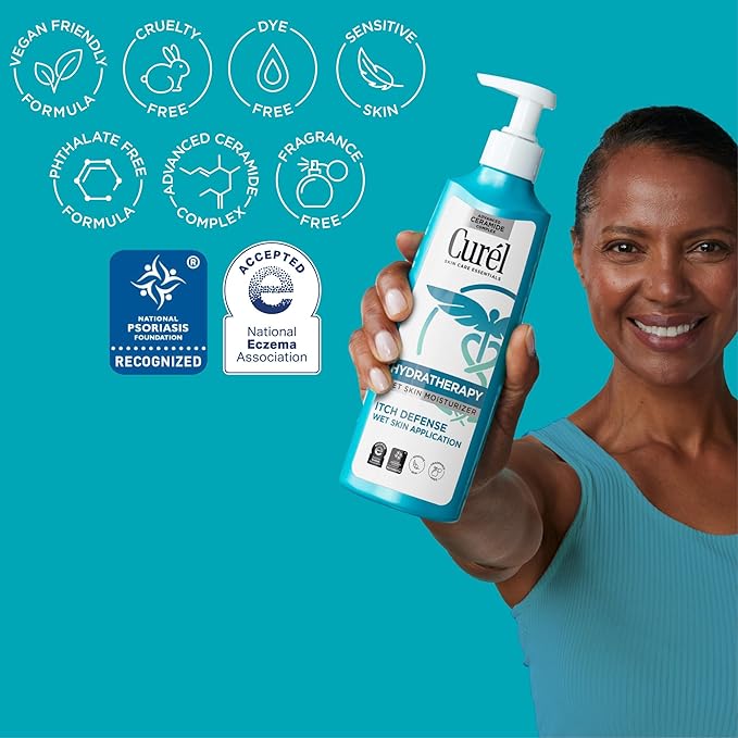 Curel Hydra Therapy, Itch Defense Moisturizer, Wet Skin Lotion, with Advanced Ceramide Complex, Vitamin E, & Oatmeal Extract, Helps to Repair Moisture Barrier, 12 Oz