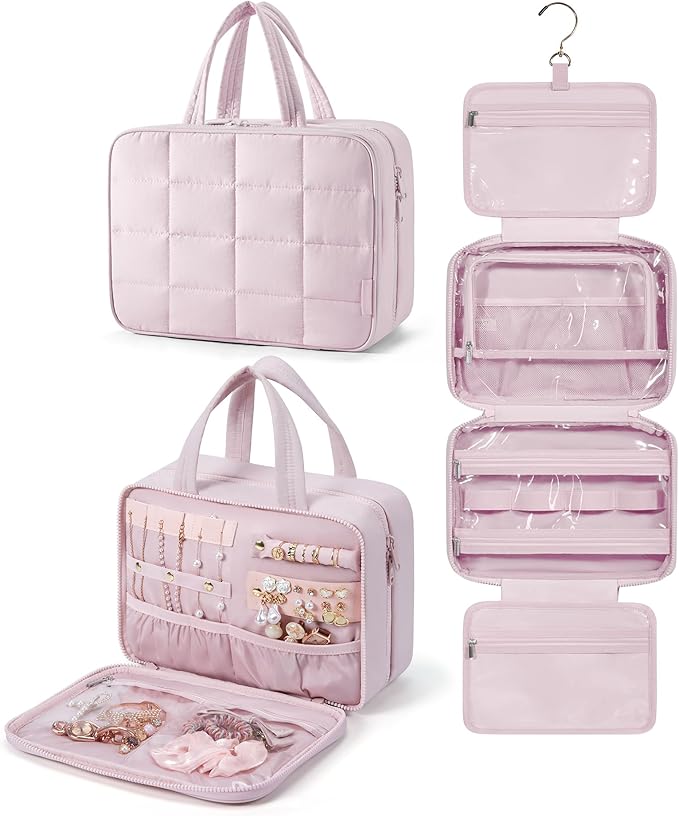 BAGSMART Travel Toiletry Bag with Jewelry Organizer, Hanging Travel Bag for Toiletries, Puffy Makeup Cosmetic Bag Organizer, Carry-on Travel Accessories Essentials, Pink-M