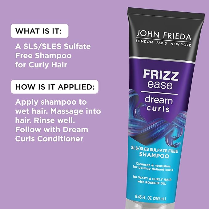 John Frieda Anti Frizz, Frizz Ease Dream Curls Shampoo, SLS/SLES Sulfate Free Shampoo for Curly Hair, Helps Control Frizz, with Curl Enhancing Technology, 8.45 Fl Oz, Pack of 2