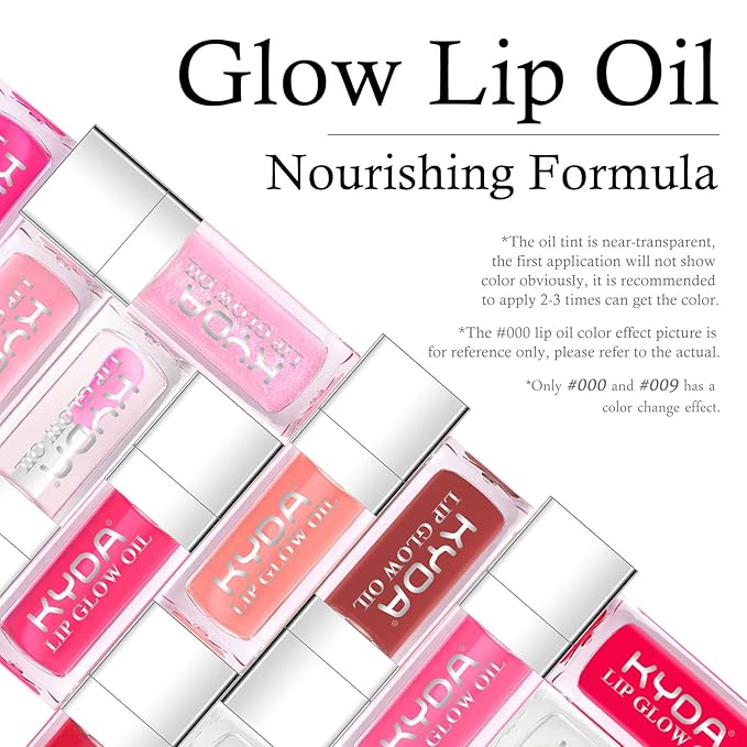 KYDA Hydrating Lip Glow Oil, Clear to Pink, Color Change Effect, Moisturizing Transparent Plumping Lip Oil Tinted for Lip Care and Dry Lips