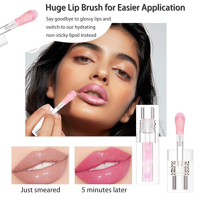 Magic Color-Changed Lip Glow Oil, Plumping Hydrating Tinted Gloss with Big Brush, Nourishing Glitter Non-Sticky Lacquer for Women & Girls, Tinta para Labios, Lipgloss for Dry Lips(Orange, 1 pcs)