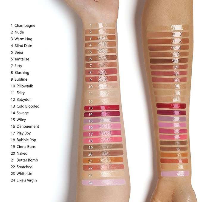 Ruby Kisses Lip Gloss Butter Bomb Gloss Non-Sticky Lip Gloss Vitamin E Natural Nude Lip Makeup- 7.8mL (0.26 US fl.oz) without Box (Champagne, Warm Hug, Flirty, Pilowtalk)