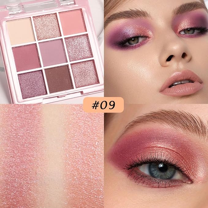 9 Colors Colorful Eyeshadow Palette Makeup,Rose Gold Brown Purple Nude Matte Shimmer Neutral Eye Shadow Powder Palette,Highly Pigmented Naturing-Looking Long Lasting Waterproof
