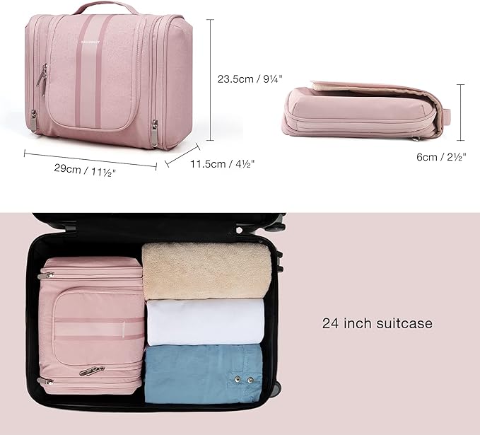 BAGSMART Toiletry Bag for Women, Travel Toiletry Organizer with hanging hook, Water-resistant Cosmetic Makeup Bag Travel Organizer for Shampoo, Full-size Container, Toiletries, Pink-Medium