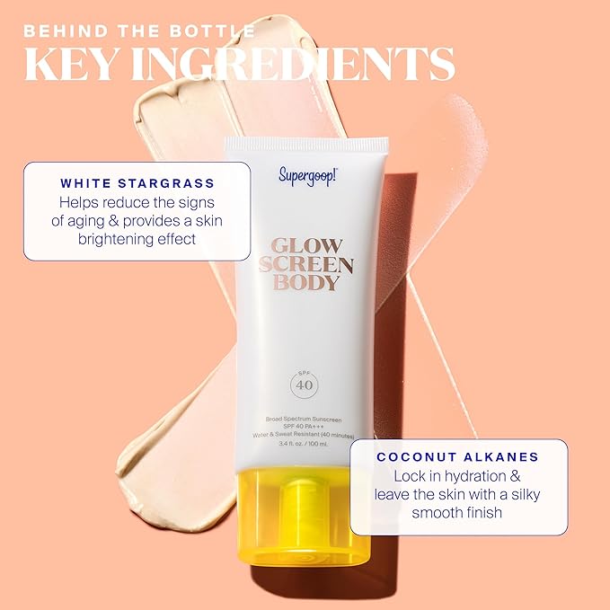 Supergoop! Glowscreen Body SPF 40 PA+++, 3.4 fl oz - Body Lotion + Broad Spectrum Sunscreen with Subtle Shimmer - Adds Instant Glow & Hydration - Contains White Stargrass & Coconut Alkanes