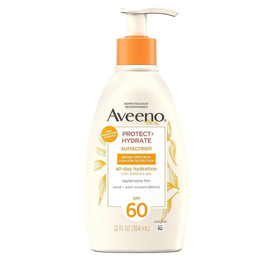 Aveeno Protect + Hydrate Sunscreen Moisturizing Body Lotion with Broad Spectrum SPF 60 and Prebiotic Oat, Weightless, Paraben, Oxybenzone, and Oil Free Sunscreen, 12 FL OZ