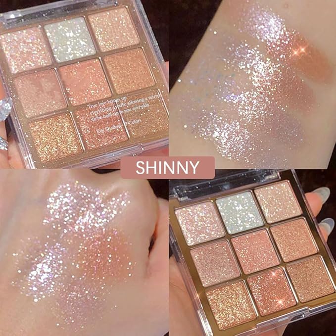 9 Colors Glitter Eyeshadow Palette Naturing-Looking Women Girls Eye Shadow,Pink White Gold Glitter Shimmer Sparkly Eye Shadow Palette Makeup,Warm Pastel Eyeshadows Palette Long Lasting Waterproof