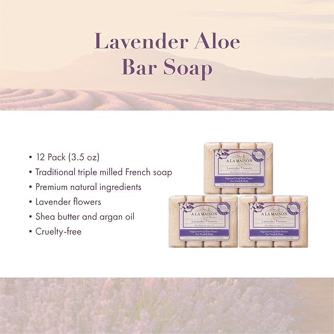 A LA MAISON - Lavender Aloe Bar Soap - Triple French Milled Natural Moisturizing Hand Soap Bar (4 Bars of Soap, 3.5 oz)