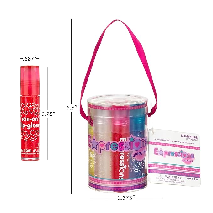 Expressions 8pc Roller-Ball Glitter Lip Gloss Set, 8 Assorted Fruit Flavored Roll On Rollerball Lip Gloss for Kids, Safe, Non Toxic Kids Makeup Set