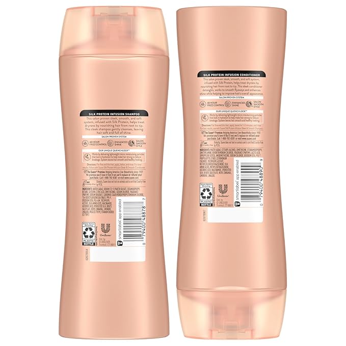 Suave Shampoo and Conditioner Set, Silk Protein Infusion, Sleek & Smooth – Protein Hair Treatment for Dry, Damaged Hair, Detangler, 48H Frizz Control, 12.6 Oz Ea (2 Piece Set)