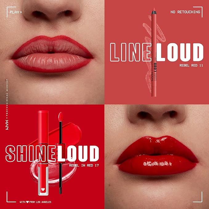 NYX PROFESSIONAL MAKEUP Line Loud Lip Liner, Longwear and Pigmented Lip Pencil with Jojoba Oil & Vitamin E - Rebel Red (Warm Red)