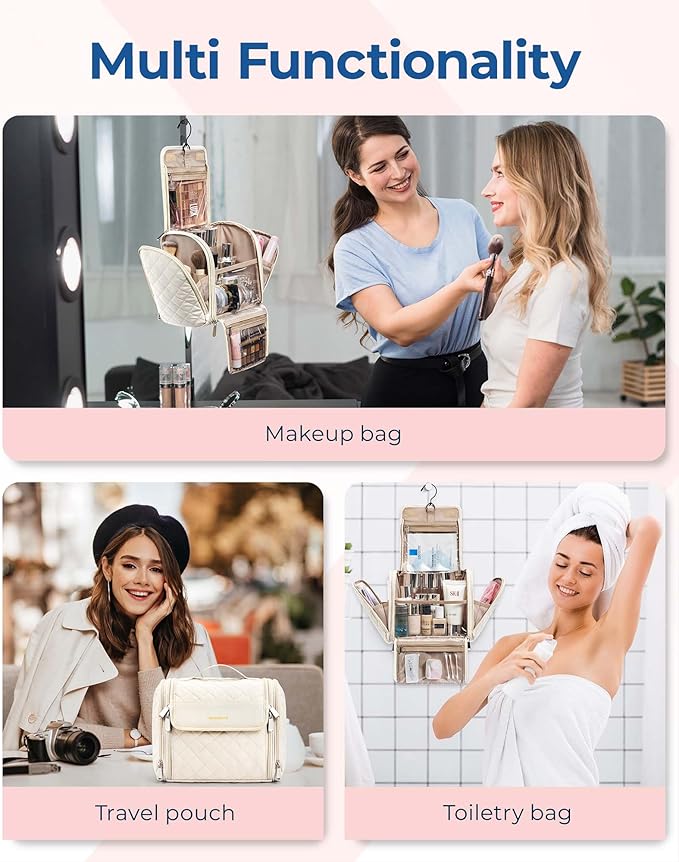 BAGSMART Toiletry Bag Travel Makeup Bag with Hanging Hook, Cosmetic Bag Make Organizer Case, Large Capacity Water-resistant Organizer for Toiletries Accessories Brushes Sponge, Beige