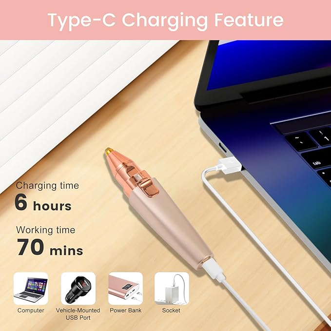Hatteker Eyebrow Facial Trimmer, 2 in1 Rechargeable Hair Removal and Eyebrow Shaver - Face Lips Body Painless Razor with Built-in LED Light (Rose Gold)