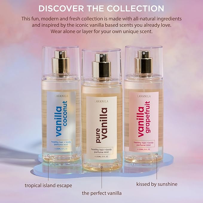 LAVANILA Vanilla Coconut Healthy Hair + Body Perfume Mist, 5 Fl Oz - Sweet & Tropical Fragrance Spray Formulated with Jojoba Oil, Madagascar Vanilla, Coconut, Tahitian Tiare Flower