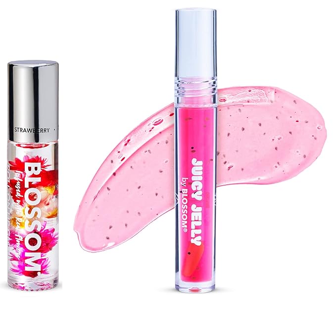 Blossom Scented Roll on Lip Gloss and Juicy Jelly Moisturizing Lip Care Nourishing Lip Oil, 2 Pack, Strawberry