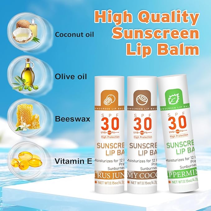 SPF 30 Lip Balm with Sunscreen 8 Pack, Bulk Sunscreen Lip Balm Travel Size, Hydrating Lip Balm with Vitamin E and Coconut Oil- 8 Flavors