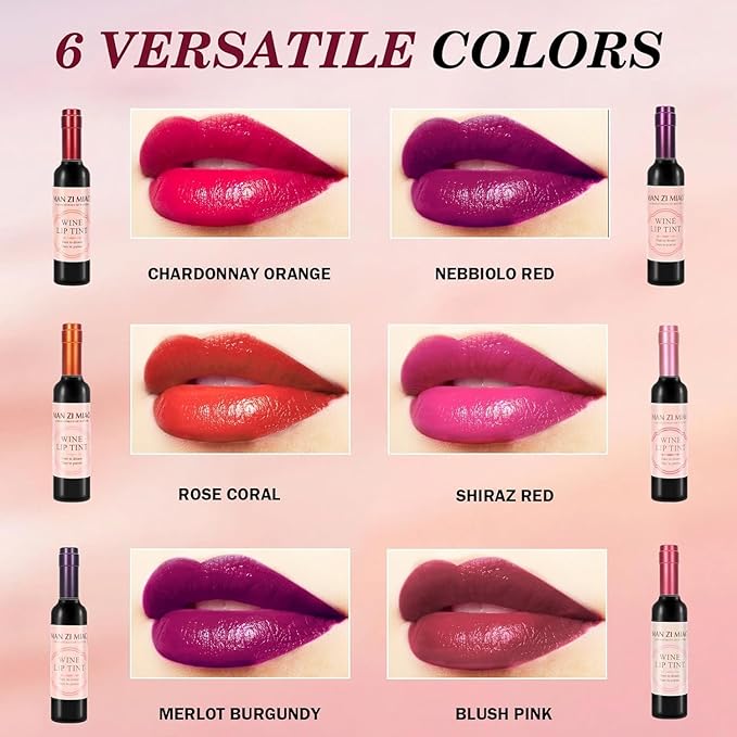 Wine Lip Tint 6 Colors Bottle Lipgloss Stain Waterproof Long Lasting Natural Liquid Lipstick Mini Make Up Gloss Matte Sticks Makeup Set Plumper Red Pack Set Wine 24 Hour Set Non-stick Cup
