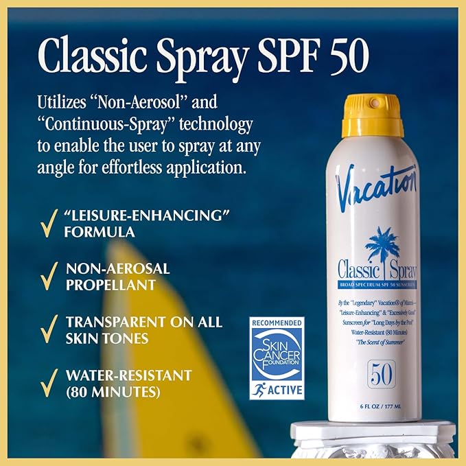 Vacation Classic Spray Sunscreen SPF 50 + Air Freshener Bundle, Broad Spectrum Sunscreen Spray, Vegan Sunblock Spray, Body Spray with SPF, Spray Sunscreen SPF 50, 6 fl. Oz.