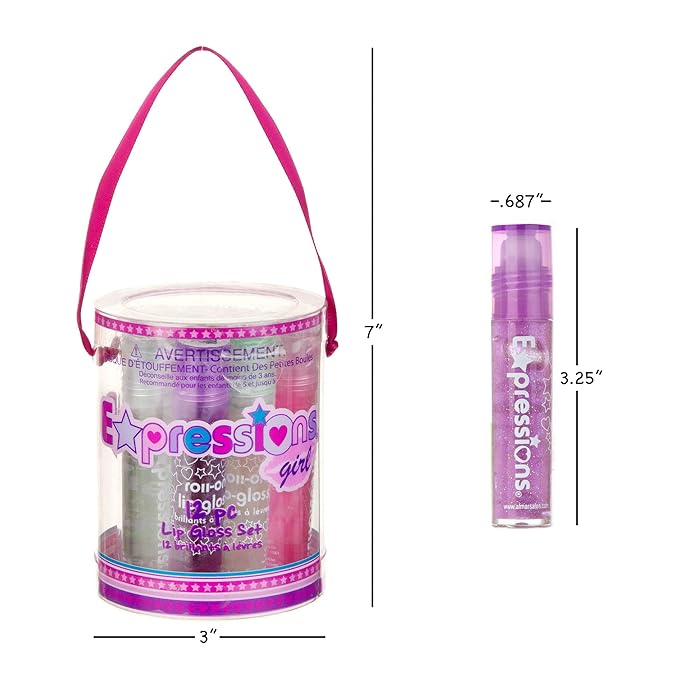 Expressions 12pc Roll On Lip Gloss Set with Carrying Case, 12-Piece Glossy Lip Makeup - Assorted Fruity Flavors, Non Toxic, Kid Friendly, Party Gift, Best Friends