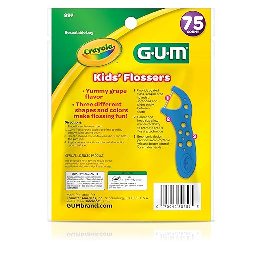 GUM Crayola Kids Flossers with Fluoride - Designed for Little Hands - Fun Grape Flavor - Easy to Use Kids Floss Picks for Children Ages 3+, 75 ct