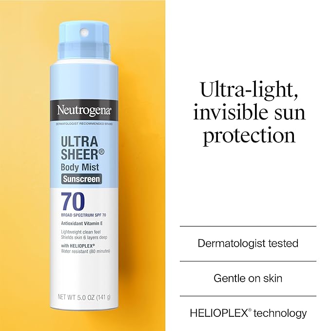 Neutrogena Ultra Sheer Body Mist Sunscreen Spray, Broad Spectrum SPF 70, Lightweight Spray Sunscreen, Non-Greasy & Water Resistant, Oil-Free & Non-Comedogenic UVA/UVB, 5 oz, Pack of 3