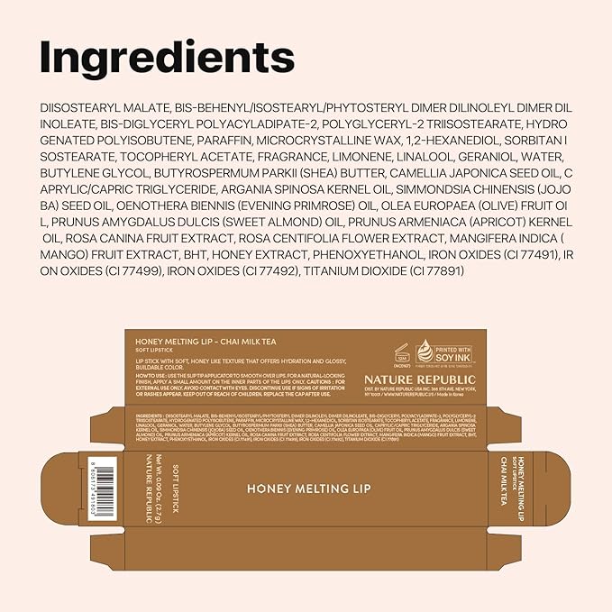 Nature Republic HONEY MELTING LIP (00 CHAI MILK TEA) SOFT LIP STICK Hydrating Gloss, Moisturizing balms, Sheer tint, Shine & Nude, Glowy Finish, korean make up