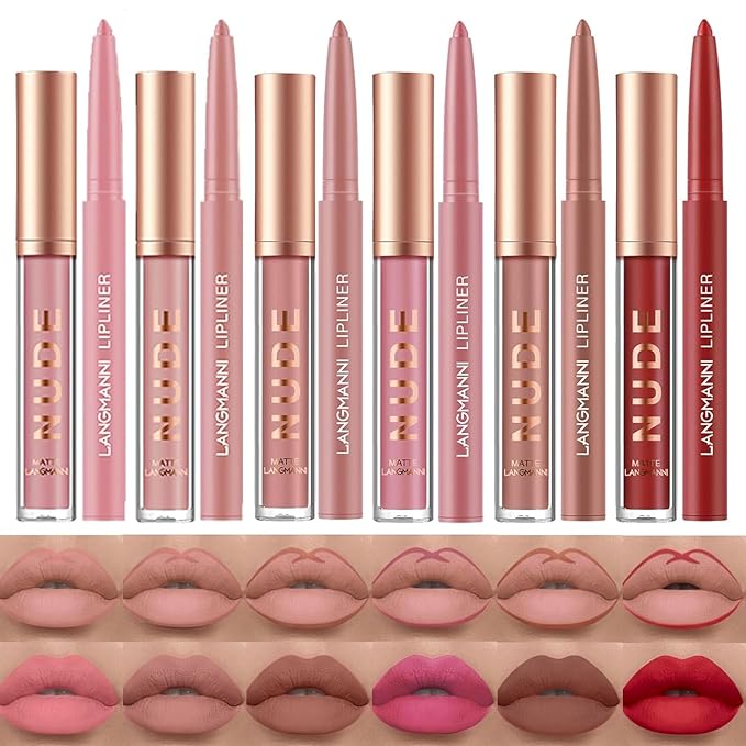 LANGMANNI 6 Matte Lipstick with 6 Lipliners Durable Makeup Set,Long-Lasting Non-Stick Cup Not Fade Waterproof Pigmented Velvet Lipgloss Kit Beauty Cosmetics Makeup Gift for Girls (#B)