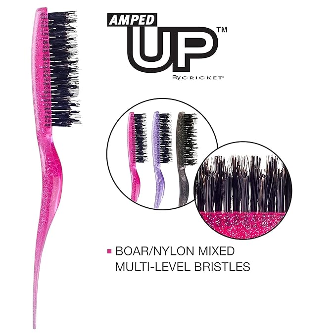 Cricket Amped Up Teasing Hair Brush - Adds Major Volume and Shine, Heat Resistant, Ideal for Slick Back, Updos, and Detangling All Hair Types, Ergonomic Handle and Sectioning Tip, Sparkle Black