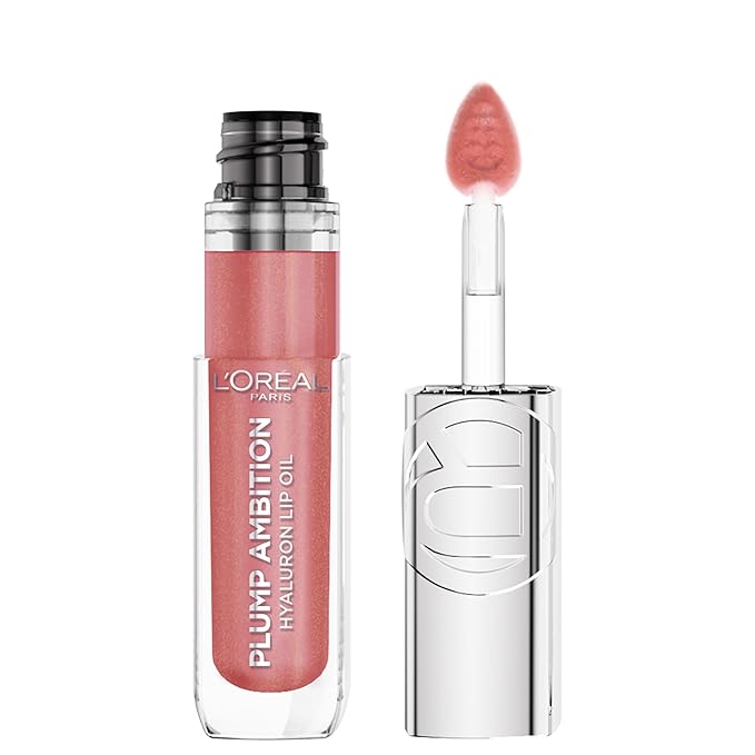 L'Oreal Paris Plump Ambition Hyaluron Lip Oil, 24 HR Lip Gloss with Hyaluronic Acid, Volumizing Formula with Glass-Like Shine, Nude Macaron 650, 0.16 Fl Oz