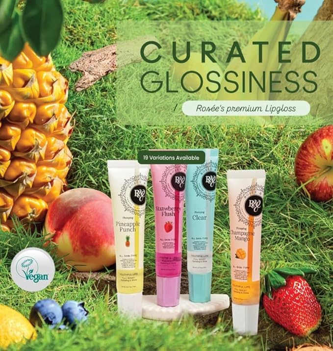 ROSÉE & CO Rosee Lip Gloss Vegan & Cruelty Free Treatment, Professional Make up, Long Lasting Glossy with Shea Butter, Moisturize, Protect & Smooth, High Shine, Non-Sticky (q.Champagne Mango, 0.5)