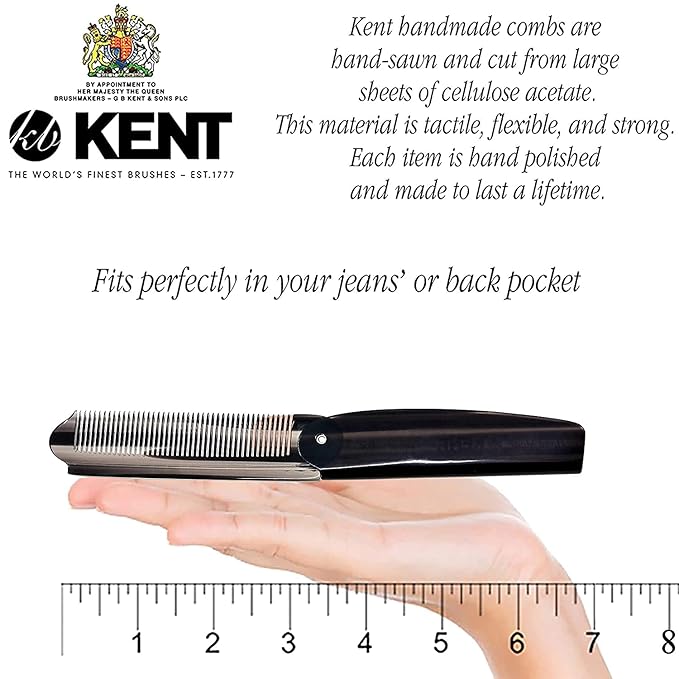 Kent 82T Handmade Folding Pocket Comb for Men, Fine Tooth Hair Comb Straightener for Everyday Grooming Styling Hair, Beard or Mustache, Use Dry or with Balms, Saw Cut Hand Polished, Made in England