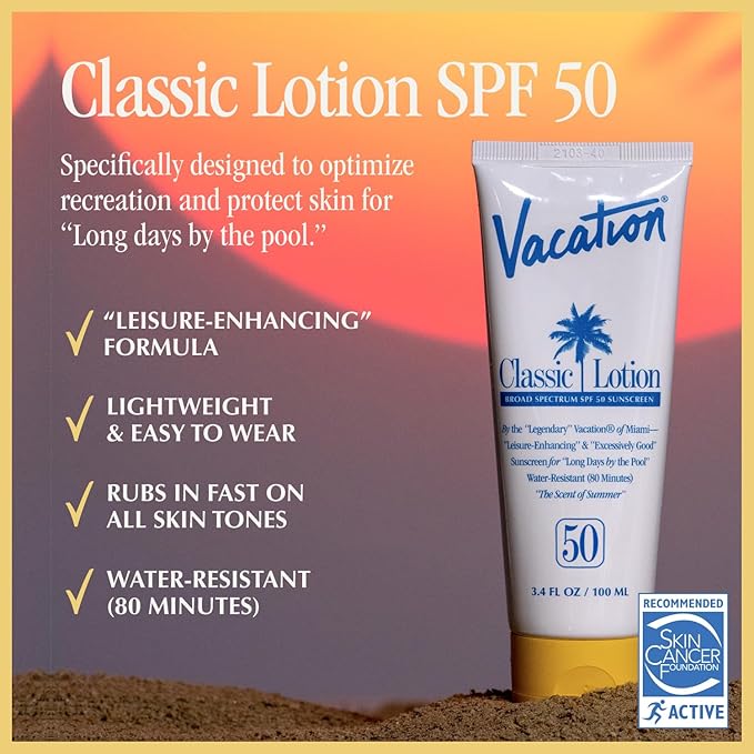 Vacation Classic Sunscreen Lotion SPF 50 + Air Freshener Bundle, Water Resistant Broad Spectrum Sunscreen Sun Block, Vegan Sun Tanning Lotion, Body Lotion with SPF, SPF 50 Sunscreen, 3.4 Fl. Oz.