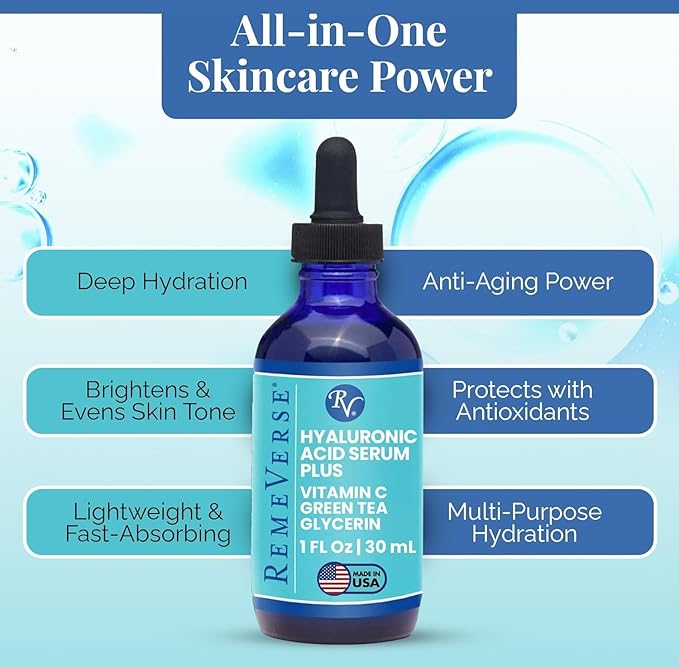 RemeVerse Hyaluronic Acid Serum with Vitamin C & Green Tea Extract - 100% Pure Formulation for Face, Lips & Décolleté - Intense Moisture for Dry Skin & Fine Lines for a Youthful & Plump Look, 1 oz
