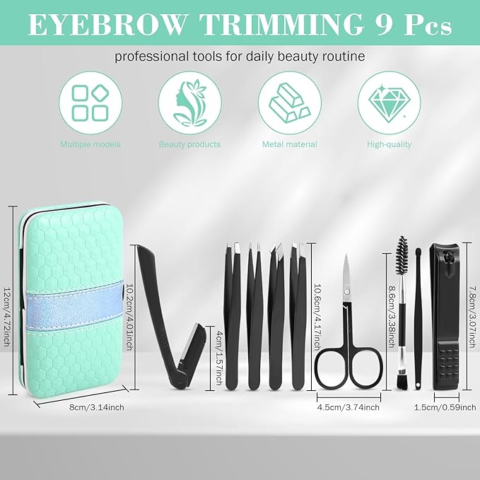 Tweezers Set, Hyxhappy 9 pcs Professional Stainless Steel Tweezers Kit for Facial Hair, Great Precision Eyebrow Plucke Tweezer with Luxurious Travel Case for Daily Beauty Tools