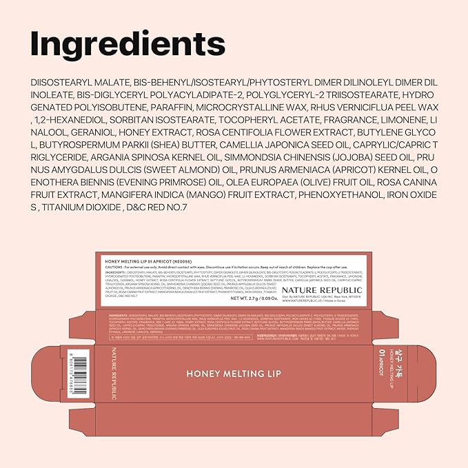 Nature Republic HONEY MELTING LIP (01 APRICOT) SOFT LIP STICK, Hydrating Gloss, Moisturizing balms, Sheer tint, Shine & Nude, Glowy Finish, korean make up