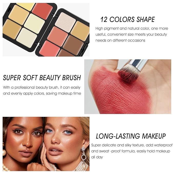 12 Colors Cream [Blush Contour Concealer Highlighter] Makeup Palette for Cheeks - All in One Makeup Palette Kit with Brush, Long Wearing Waterproof Blendable Face Make Up Pallete (#05)