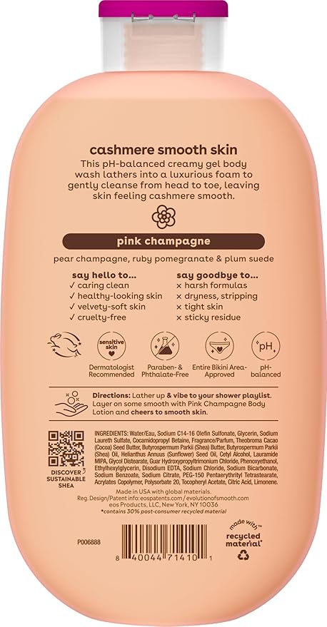 eos Shea Better Cashmere Body Wash, Pink Champagne, Moisturizing and Nourishing, pH Balanced Creamy Gel Formula, Paraben & Phthalate Free, Sensitive Skin,16 fl oz