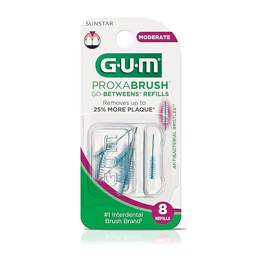 GUM Proxabrush Go-Betweens Refills - Moderate - Compatible with GUM Permanent Handle - Reusable Interdental Brushes - Soft Bristled Dental Picks, 8 Count (Pack of 6)