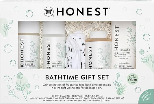 The Honest Company Fragrance Free Bathtime Gift Set | Hypoallergenic Bath Essentials for Sensitive Skin | Shampoo + Body Wash, Face + Body Lotion, Bubble Bath, Conditioner, Wash Cloth