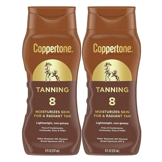 Coppertone Tanning Sunscreen Lotion, Water Resistant Body Sunscreen SPF 8, Broad Spectrum SPF 8 Sunscreen Pack, 8 Fl Oz Bottle, Pack of 2
