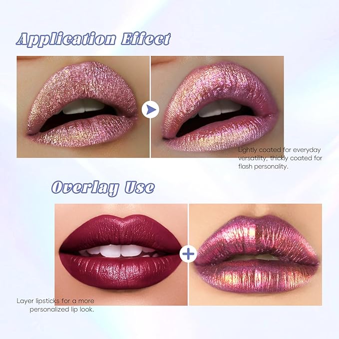 Hot Pink Glitter Lip Gloss Liquid Lipstick, Diamond Shimmer Metallic Sparkly Iridescent Chameleon Lip Gloss Gift for Women, Long Lasting Waterproof Highly Pigment Holographic Lip Makeup05