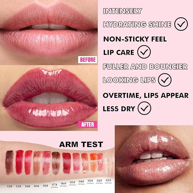 Lip Plumper Gloss Glitter Tinted Plumping Lip Gloss For Women Hydrating Long Lasting Shimmer Moisturizing Glossy Non Sticky Lip Gloss (01# Clear)