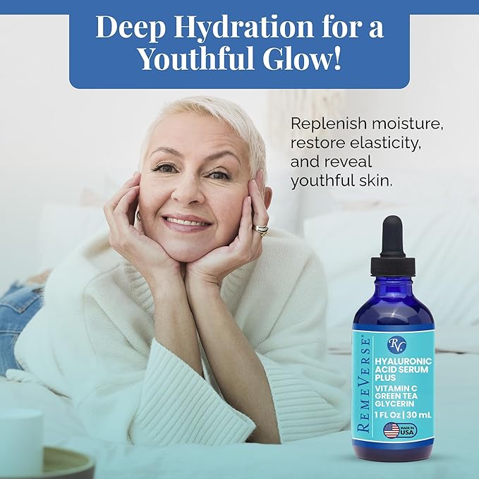 RemeVerse Hyaluronic Acid Serum with Vitamin C & Green Tea Extract - 100% Pure Formulation for Face, Lips & Décolleté - Intense Moisture for Dry Skin & Fine Lines for a Youthful & Plump Look, 1 oz