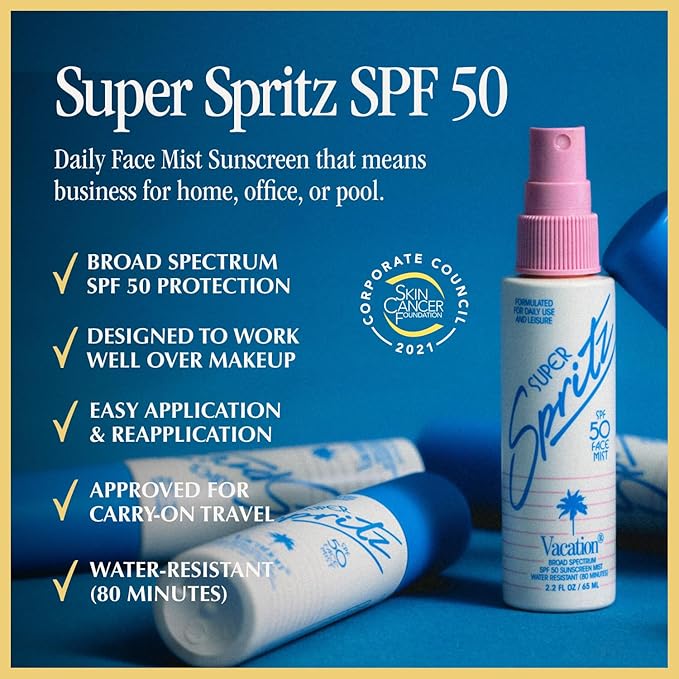 Vacation Super Spritz SPF 50 Sunscreen Face Mist + Air Freshener Bundle, Daily Face Sunscreen Spray, SPF Face Spray, Sunscreen Spray for Face, Face Mist Sunscreen, 2.2 fl. Oz.
