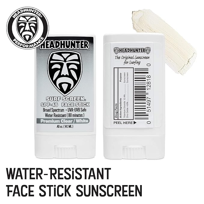 Headhunter Sunscreen Face Stick SPF 45, Waterproof Surf Sunblock for Waterman, Water-Resistant Facial Sunscreen for Ultra-Sport Protection and Solar Defense (80 min), Clear White (1 pack)
