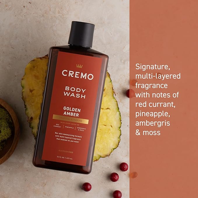 Cremo Rich-Lathering Golden Amber Body Wash for Men, Notes of Red Currant, Pineapple, Ambergris and Moss, 16 Fl Oz