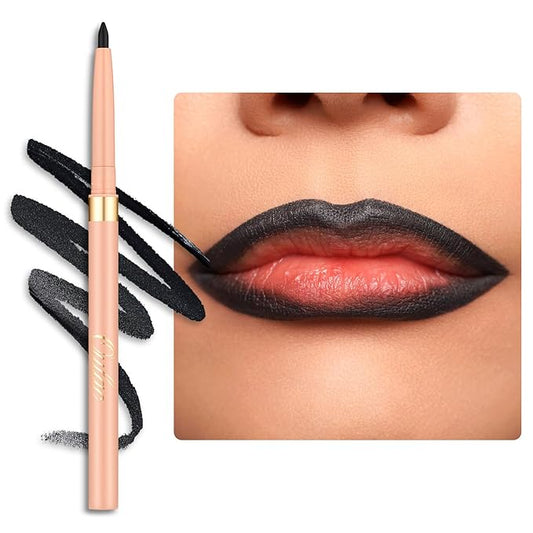 Oulac Black Lip Liner Pencil, 2in1 Retractable Makup Crayon for Lipliner and Eyeliner, Highly Pigmented, Smooth, Long Lasting and Waterproof Formula, Vegan Beauty, 01 Noir